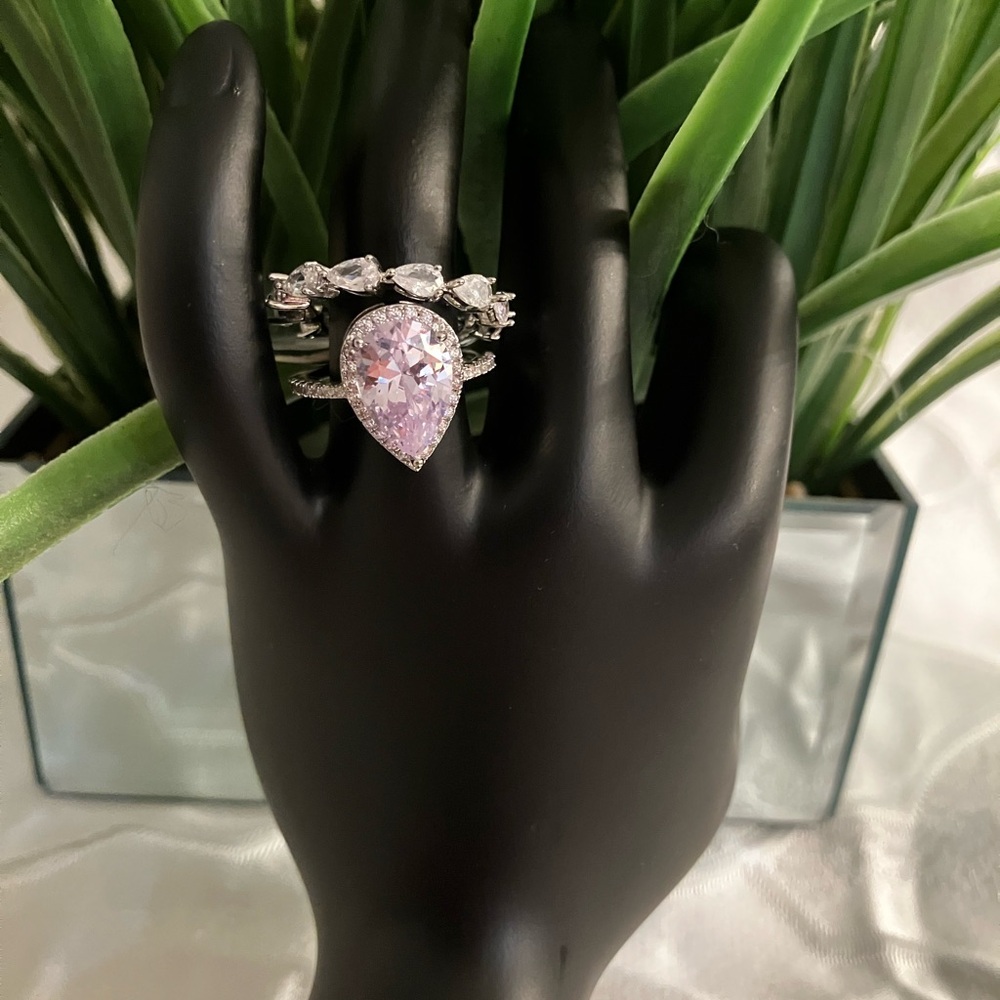 Elegant Pink Teardrop Ring two piece set  eternity band included. very elegant